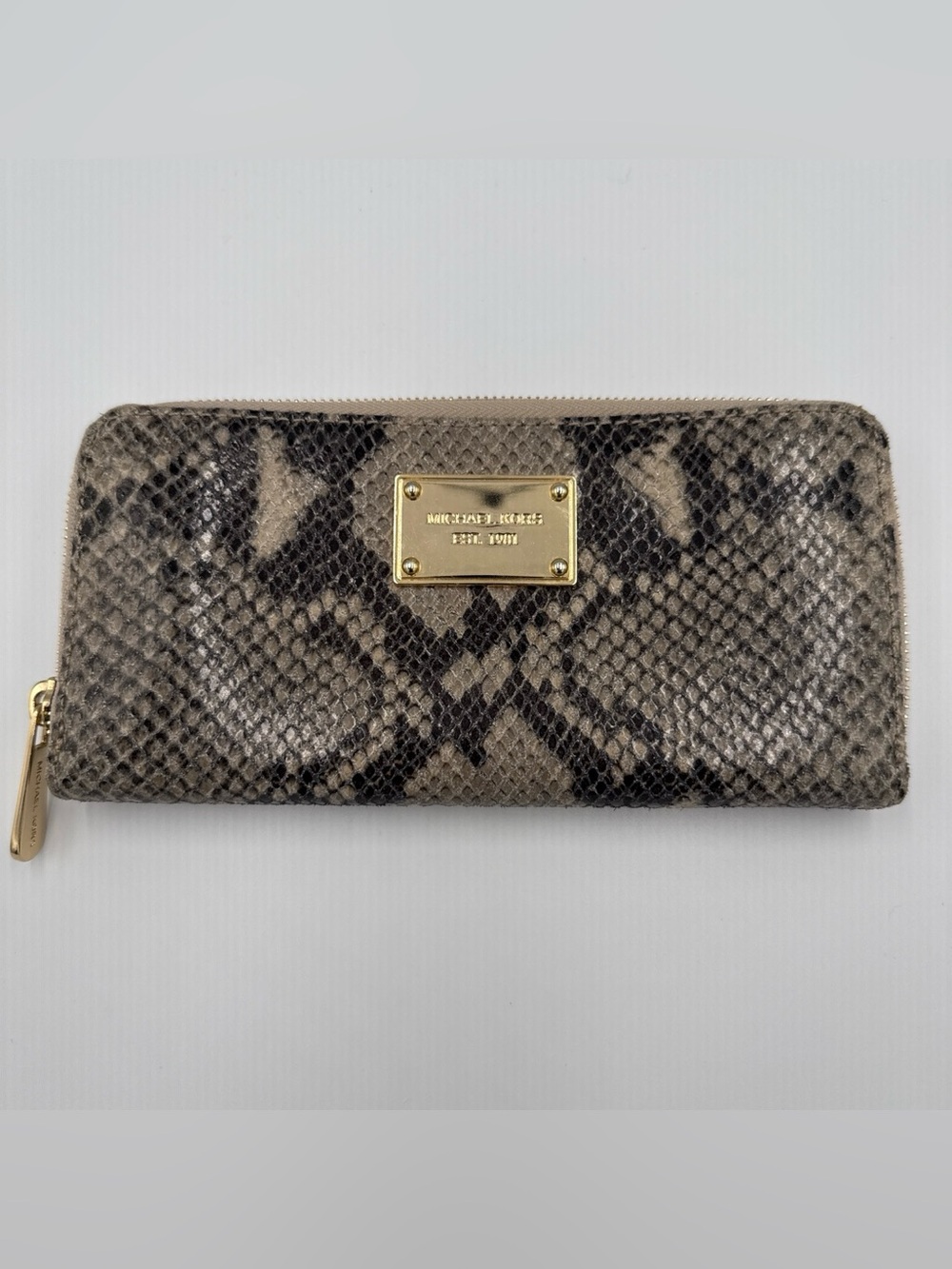 Michael Kors Taupe and Black Exotic Snake Skin Zip Wallet with Gold Plaque
